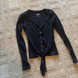 Black Faux Button Up V-neck